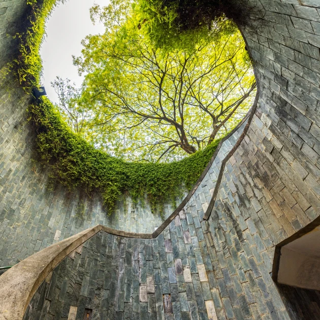 view from inside a large stone fort looking out to trees above
