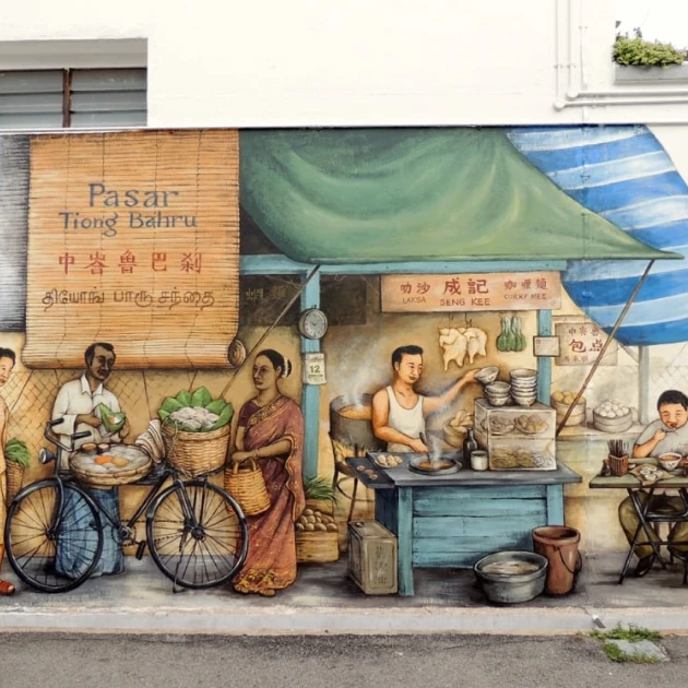 chinese style wall mural with a sign showing "Pasar Tiong Bahru"