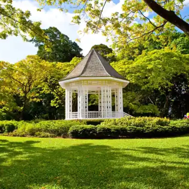 white gazebo in a garden surrounded by green bushes and trees