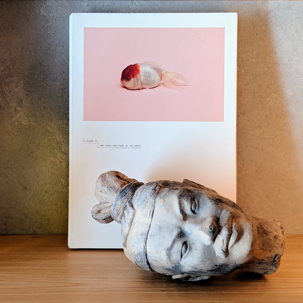 ARTATDEN-04-1 statues of a man's head in front of a poster of a goldfish
